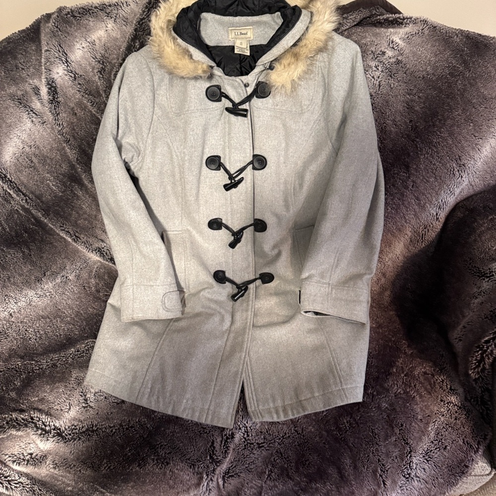 L.L. Bean Light Gray Toggle Coat with Faux Fur Hood